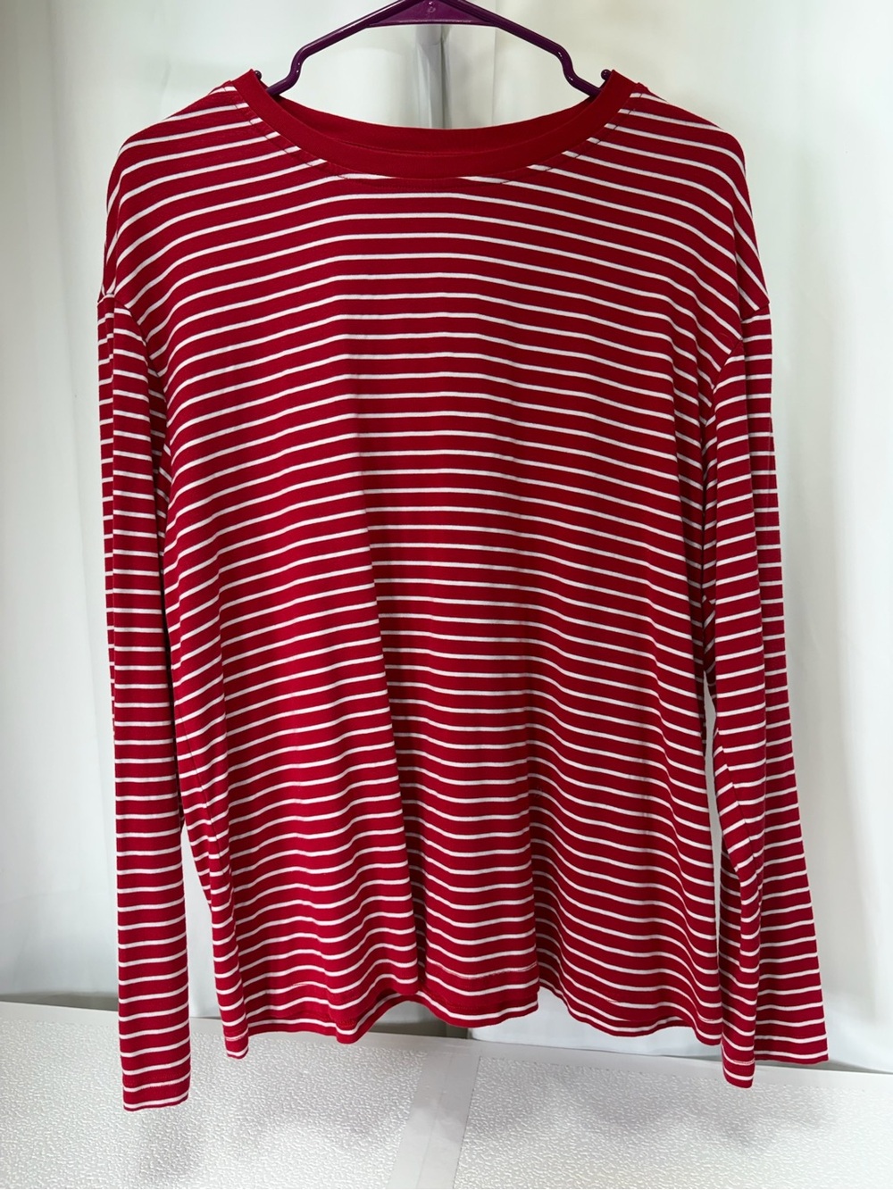 Women's Red and White Striped Long-Sleeve Crew Tee 4071